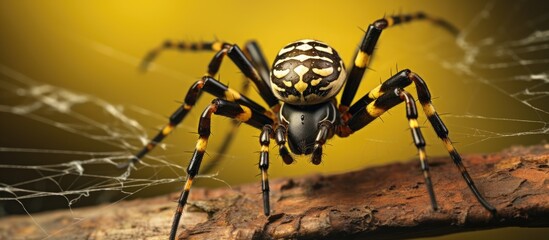 Indoor closeup of a wasp spider on its web