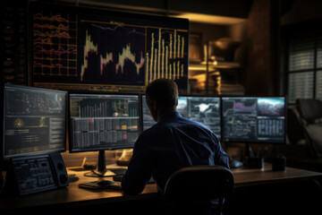 Poster - A focused analyst studying complex financial charts, deciphering trends and patterns to make informed investment recommendations. Concept of data-driven financial analysis. Generative Ai.