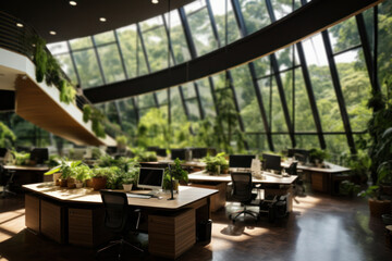 Wall Mural - A green office with plants and natural light, emphasizing the importance of biophilic design for employee well-being and productivity. Concept of eco-friendly workplaces. Generative Ai.
