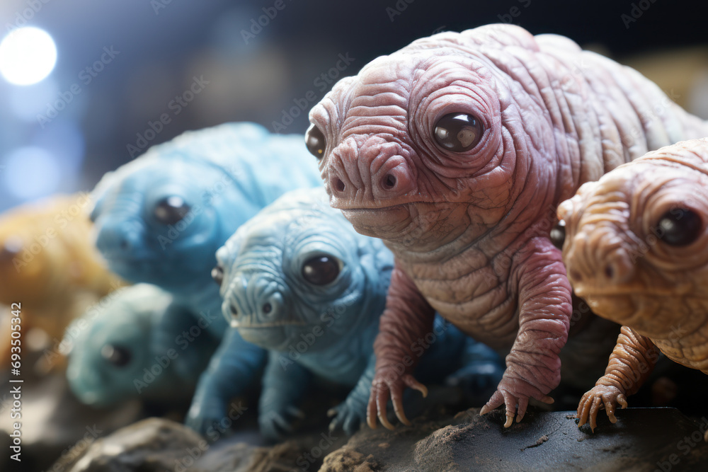 A close-up of microscopic tardigrades, resilient creatures known for their ability to survive extreme conditions. Generative Ai.
