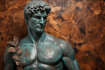 A beautiful ancient bronze greek, roman stoic male statue, sculpture on a copper backdrop. Great for philosophy quotes.