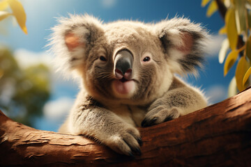 Poster - A koala cloud clinging to a eucalyptus tree on an earth-toned background.