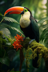 Poster - A toucan cloud perched in a tropical scene on a vibrant green background.