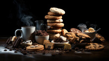 Cookies. A Delightful Mix Of Various Foods, Encompassing Coffee And Cookies, Offers A Tempting Of Flavors