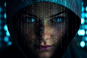 Generative AI portrait hacker in dark room secret organization community specialists