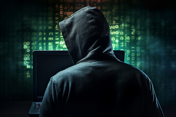 Generative AI portrait hacker in dark room secret organization community specialists