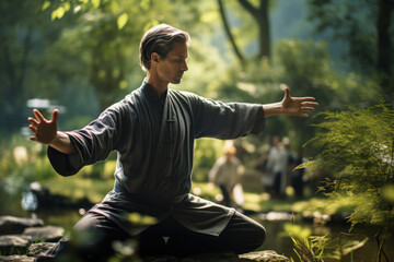 A person practicing tai chi in a peaceful garden, illustrating the harmonious blend of physical and mental well-being through mindful movement. Generative Ai.