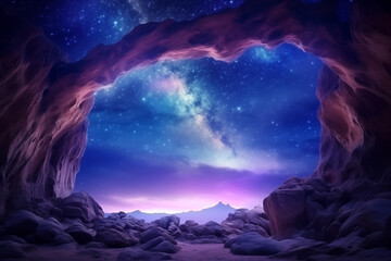 Wall Mural - Milky Way arch, fantastic night landscape, purple sky, stars, universe, space background with starry sky, galaxy,  nature
