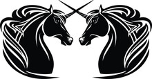 Pair Of Magic Unicorn Horses With Crossed Horns - Black And White Fantasy Animal Head Vector Design