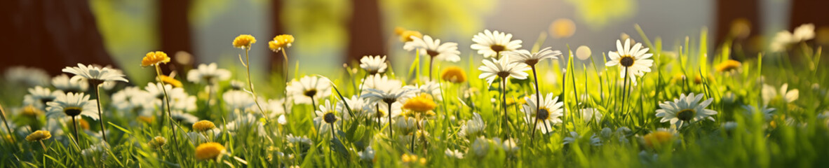 Wall Mural - Beautiful spring park with daisy flowers, fresh green grass and trees.