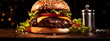 A tantalizing gourmet burger placed on the right side of the frame, featuring a juicy, perfectly grilled beef patty, topped with melted cheese, fresh lettuce, ripe tomatoes, and a shiny brioche bun
