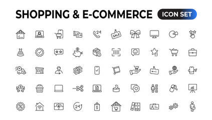 Poster - Shopping web icons in line style. Mobile Shop, Digital marketing, Bank Card, Gifts. Vector illustration.