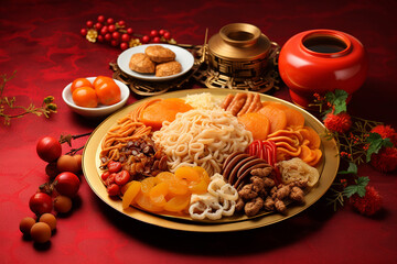 Wall Mural - Concept picture for Chinese new year table set up and traditional Chinese dishes on red background with Chinese word means fortune.