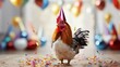 Happy cute animal friendly chicken wearing a party hat celebrating at a fancy newyear or birthday party festive celebration greeting with bokeh light and paper shoot confetti surround happy lifestyle