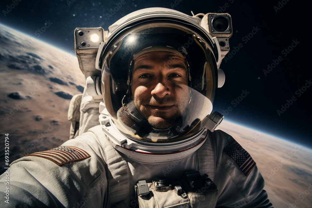 Astronaut wearing space suit walking on a surface of a red planet mars ...