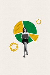 Poster - Vertical photo collage of young business woman holding laptop thinking analyzing company work formal wear beautiful on beige background