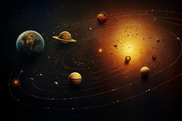  An artist's rendering of a solar system with multiple planets orbiting around a central star generative AI