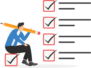 Getting things done, completed tasks or business accomplishment, finished checklist, achievement or project progression concept, businessman expert holding pencil tick all completed task checkbox.

