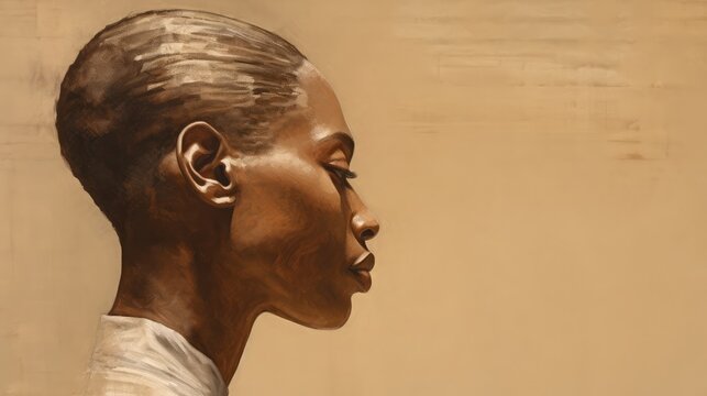 African-American head in profile in close-up. left of center. on brown background --ar 16:9 --style raw --v 5.2 Job ID: ecbe7755-9726-4747-83b8-ebff5f5ff4ea