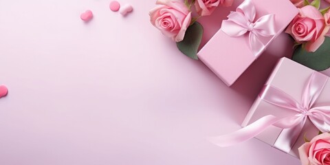 Wall Mural - Design concept with pink rose flower and gift box on colored table background top view