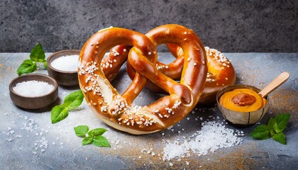 fresh pretzel with bakery salt traditional pretzel on background ki