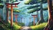 torii forest rainy anime background illustration