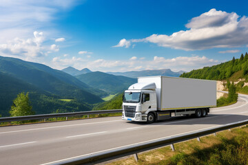 Wall Mural - A white cargo truck with a white blank empty trailer for ad on a highway road in the Europe