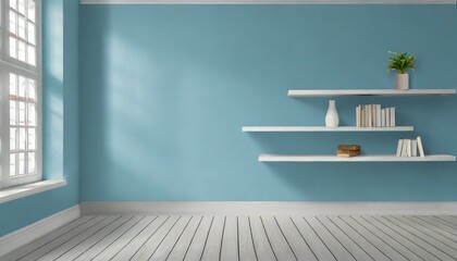 Poster - empty interior light blue room white white shelf and wooden floo