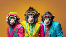 Creative Animal Concept Ape In A Group Vibrant Bright Fashionable Outfits On Solid Background Advertisement Copy Text Space Birthday Party Invite Invitation Banner