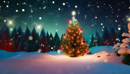 Poster - fantastic winter landscape with christmas tree 3d rendering christmas background with christmas tree snow and stars beautiful christmas night