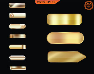 Wall Mural - Set of glass gold buttons and sliders, web icons of different forms. Gradient mesh. Button set color gold glossy. EPS 10. Vector illustration. 