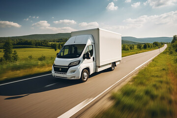 real photo of a white cargo van with a white blank empty trailer for ad on a farm road. driving in motion.. --ar 3:2 --style raw --v 5.2 Job ID: 9335802b-b141-4438-8b4c-951786b17133