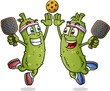 A couple pickle cartoon teammates jumping and giving an enthusiastic high five and holding rackets after winning the big pickleball match against some heated opponents