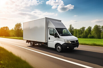 Wall Mural - real photo of a white cargo van with a white blank empty trailer for ad on a farm road. driving in motion.. --ar 3:2 --style raw --v 5.2 Job ID: 4238cd77-6e91-4092-910a-2363429361e0