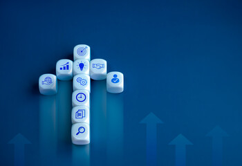 Poster - the leader, business icon on white cube blocks as arrow shape heading rush ahead other arrows on blu