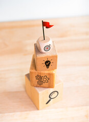 Poster - Business startup with growth success process for Leadership concept. Red flag on the top of wooden cube blocks as a stair step with action plan, strategy icon on white background, vertical style.