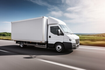 Wall Mural - real photo of a white cargo van with a white blank empty trailer for ad on a farm road. driving in motion.. --ar 3:2 --style raw --v 5.2 Job ID: 37affa28-d895-4235-8627-9d04b1e0b5f9