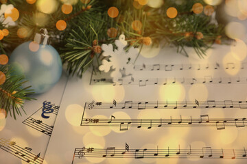 Wall Mural - Christmas and New Year music. Fir tree branch and festive decor on music sheets, bokeh effect