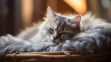 An Enchanting Photo Of A Fluffy Kitten Curled Up In A Wicker Basket, Radiating Coziness And Sweetness.
