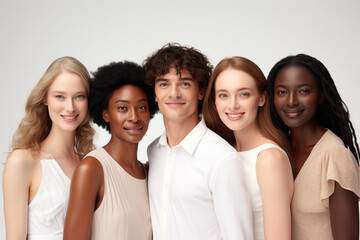 Different races are happily posing side by side in front of a white background