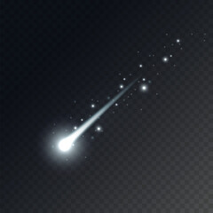 Wall Mural - comet shooting effect and flying asteroid, star in space. white falling meteorite isolated on black 