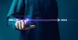 © Concept Style - Businessman touch on virtual arrow status to change from 2023 to 2024, countdown of happy new year by technology, start-up new business and new life.