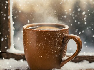 Poster - Closeup of brown cup of coffee by the window, outside is snowing. Winter holiday snowfall season.