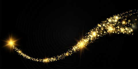 Poster - Gold dust glittering with sparkling particles. A beautiful shining star with a dusty tail. Festive background. Vector illustration
