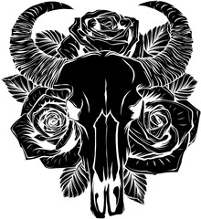 Poster - black silhouette of Cow or bull skull with roses. Outline vector illustration isolated on white background