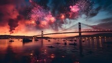 Lisbon's New Year's Eve Fireworks Over The 25 De Abril Bridge