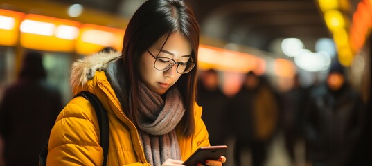 Poster - Confident businesswoman holding smartphone on blurred background with copy space for text