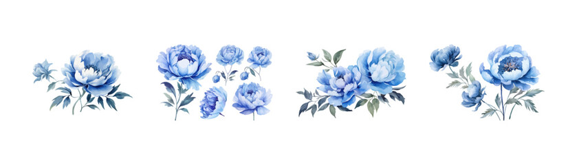 Wall Mural - Watercolor blue peony clipart for graphic resources. Vector illustration design.