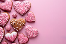 Heart Shaped Cookies, Pink Icing On Love Pastry Baked And Hand-decorated With Love. Showing Romantic Emotions With Home-made Cookies. Card, Banner.