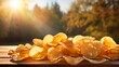 Delicious and crispy potato chips on blurred defocused background with copy space for text placement